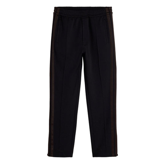 Black track pants with elastic waist and side stripe panels