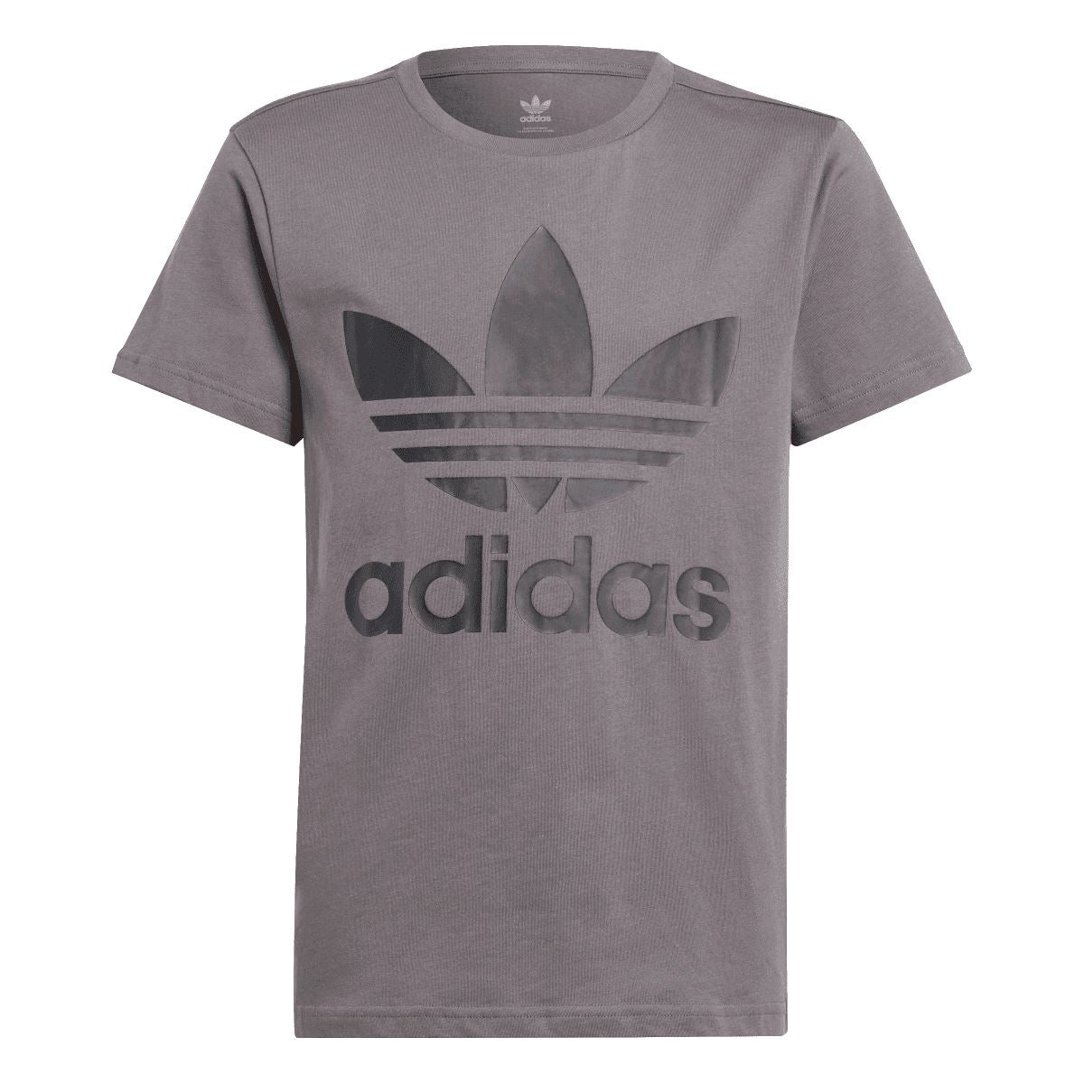 Grey junior T-shirt with large adidas Originals Trefoil graphic on the front.