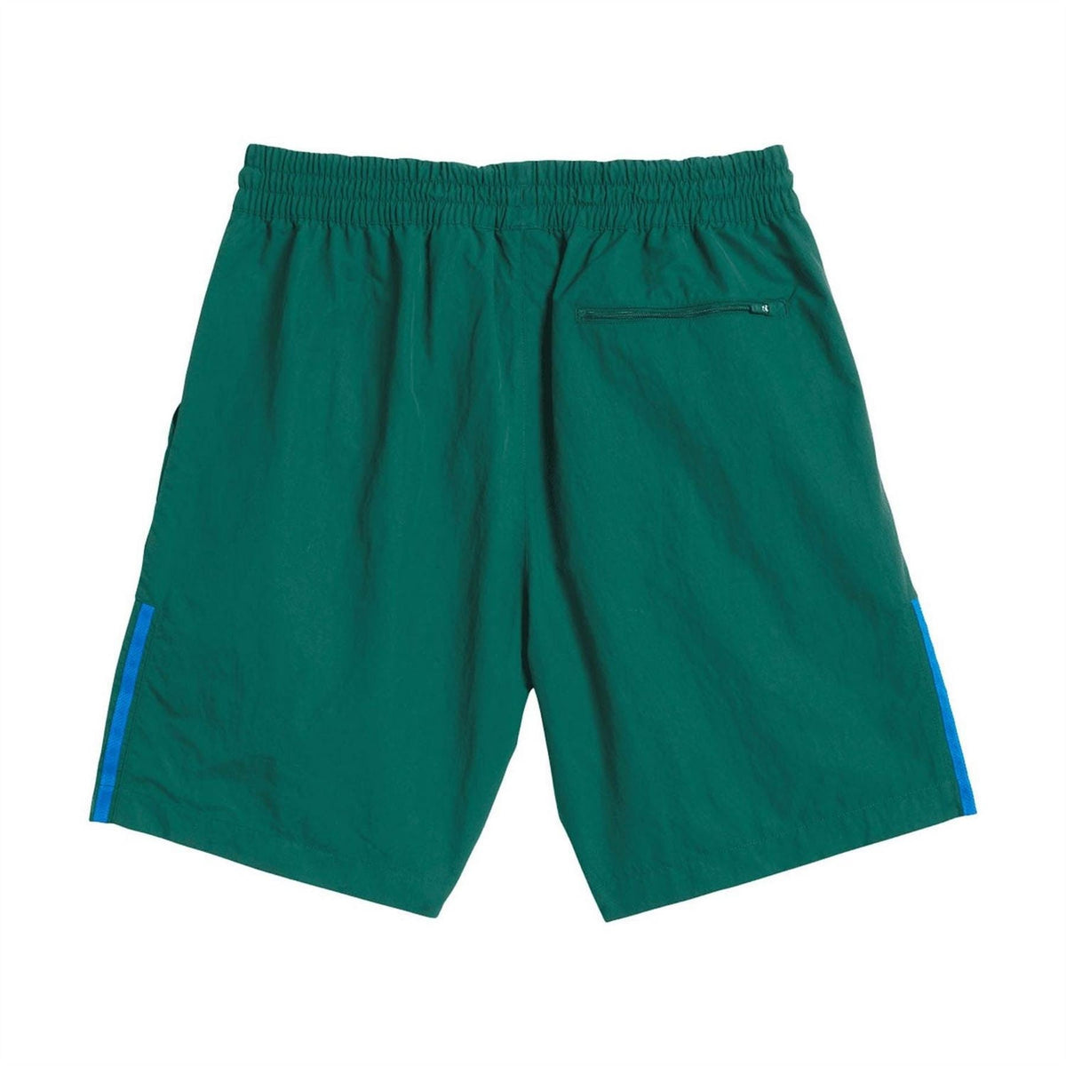 Green swim shorts with elastic waistband, side pocket, and drawcord
