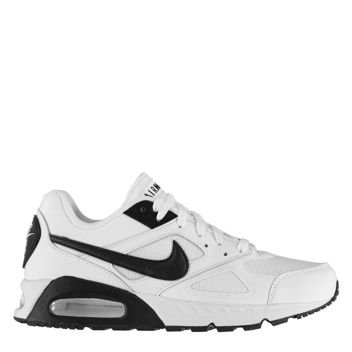 White Nike Air Max Ivo trainers with black swoosh and black side stripe, angled view