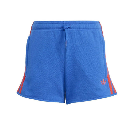 Blue juniors athletic shorts with elastic waist and drawstring, red side stripes