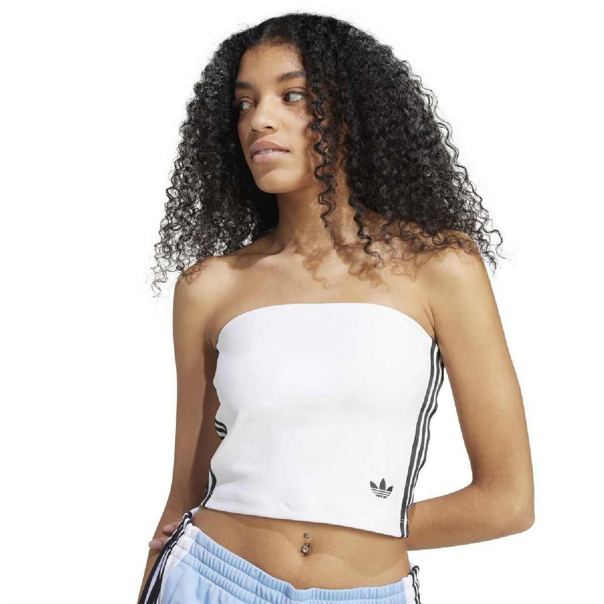 Women’s white strapless tube top with black 3-stripe trim and Trefoil logo on chest