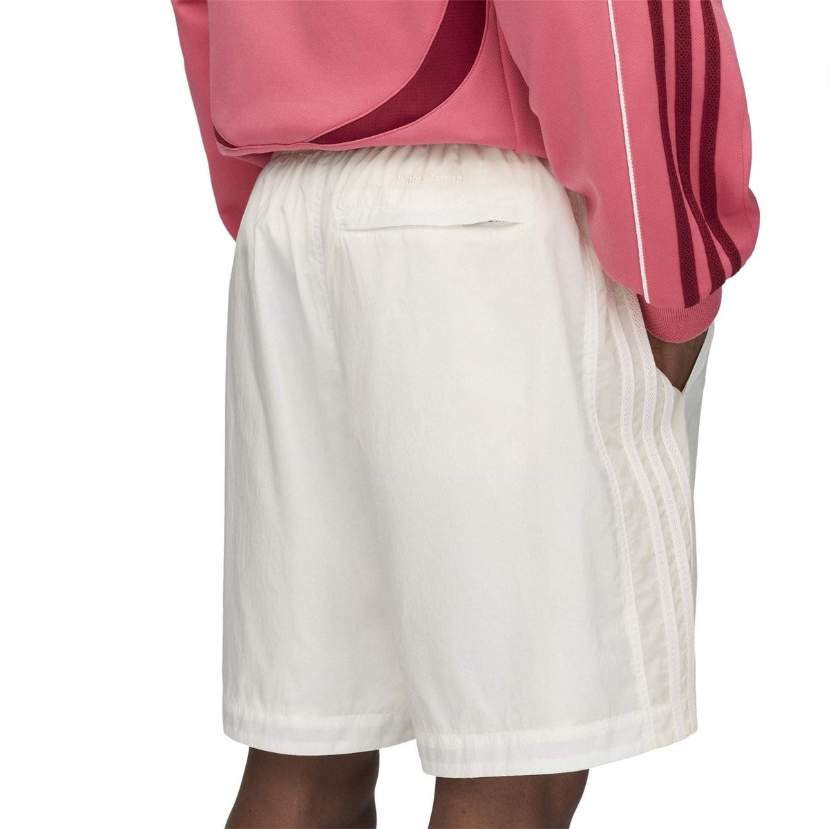 Off-white football shorts with back yoke and stitched side seam detail