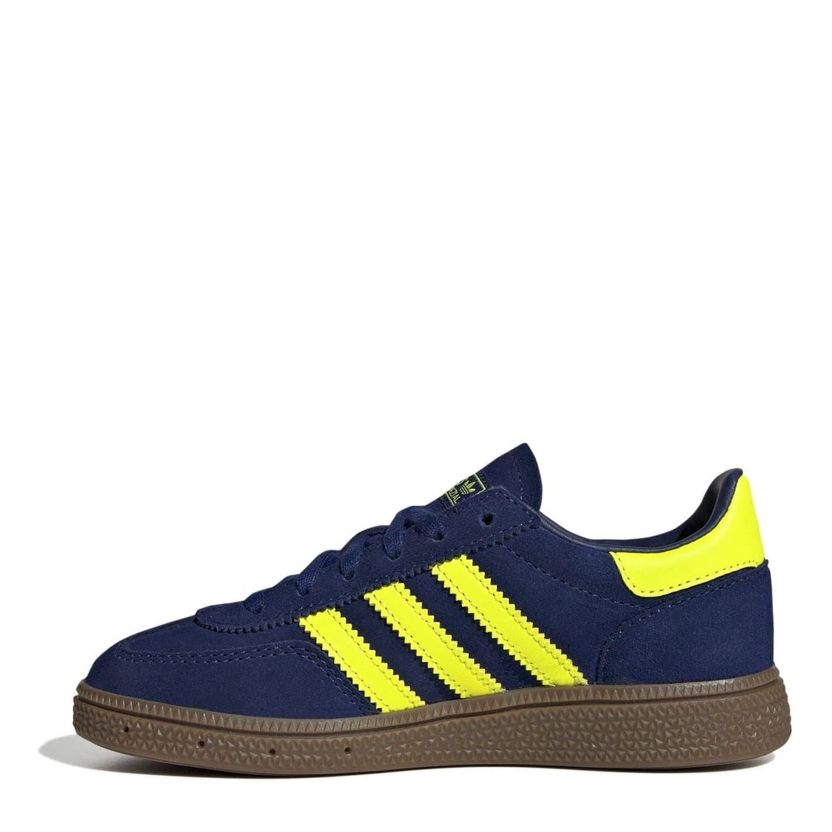 Kids' adidas Spezial sneakers, dark blue upper with neon yellow stripes and gum outsole