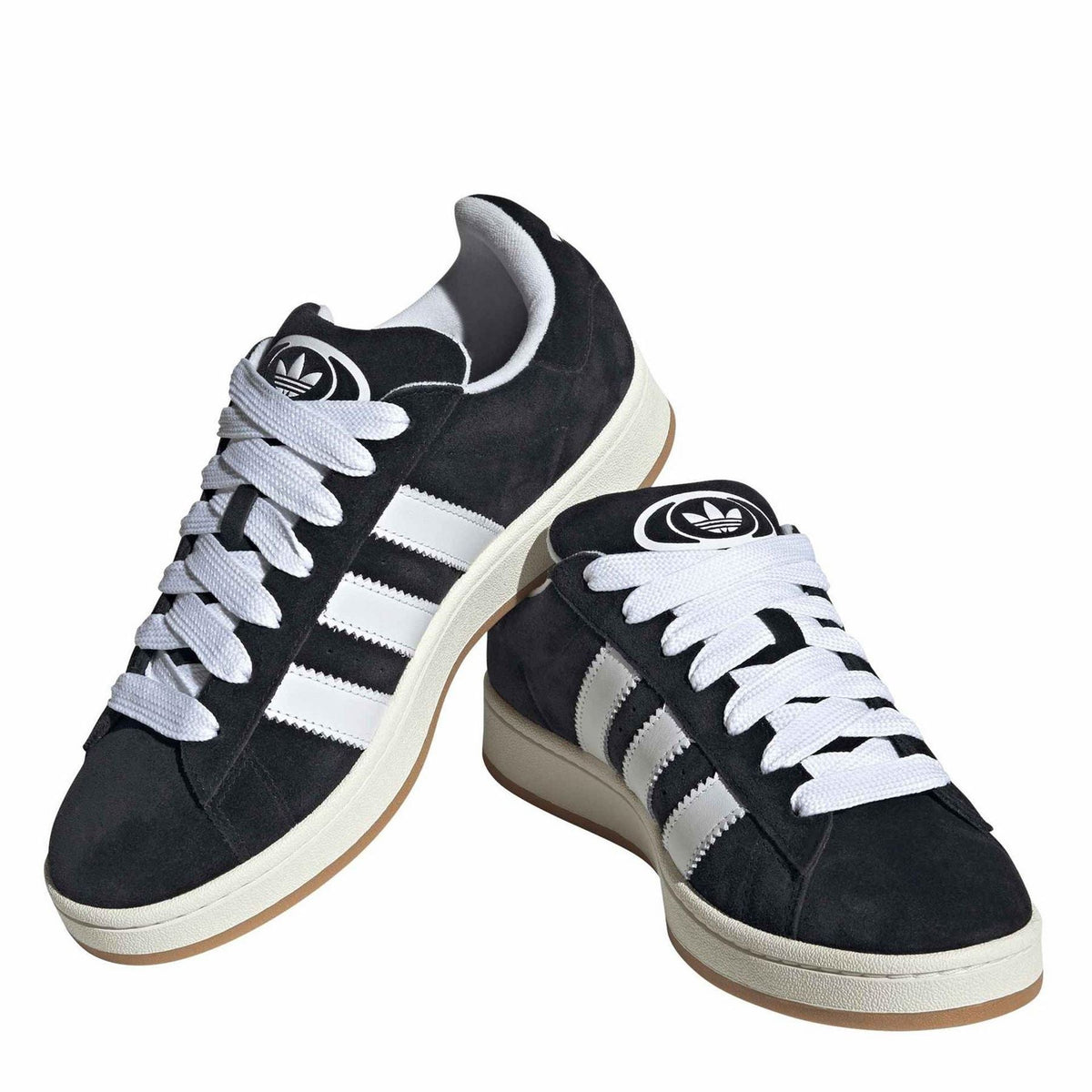Black suede adidas Originals sneakers, white three stripes, lace-up front, gum sole