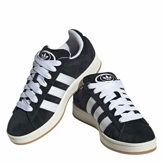 Black suede adidas Originals sneakers, white three stripes, lace-up front, gum sole