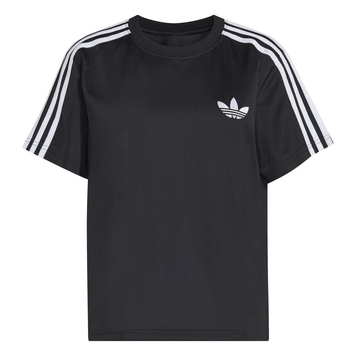 Black adidas Originals Firebird T-shirt with white shoulder stripes and trefoil logo