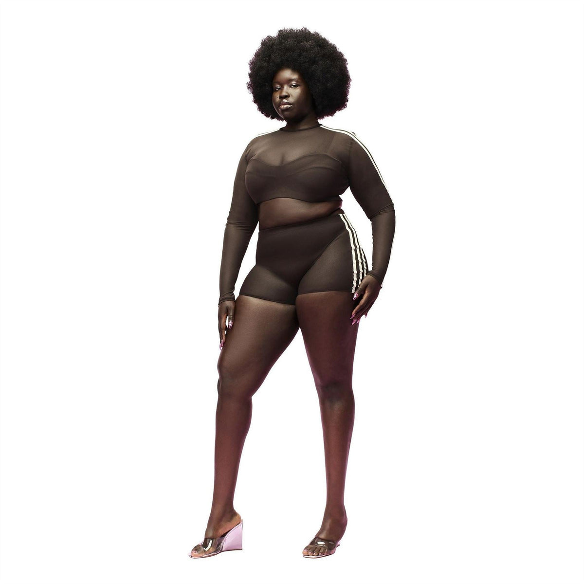 Brown long-sleeve sheer swim top with illusion bust panel and adidas logo at upper back