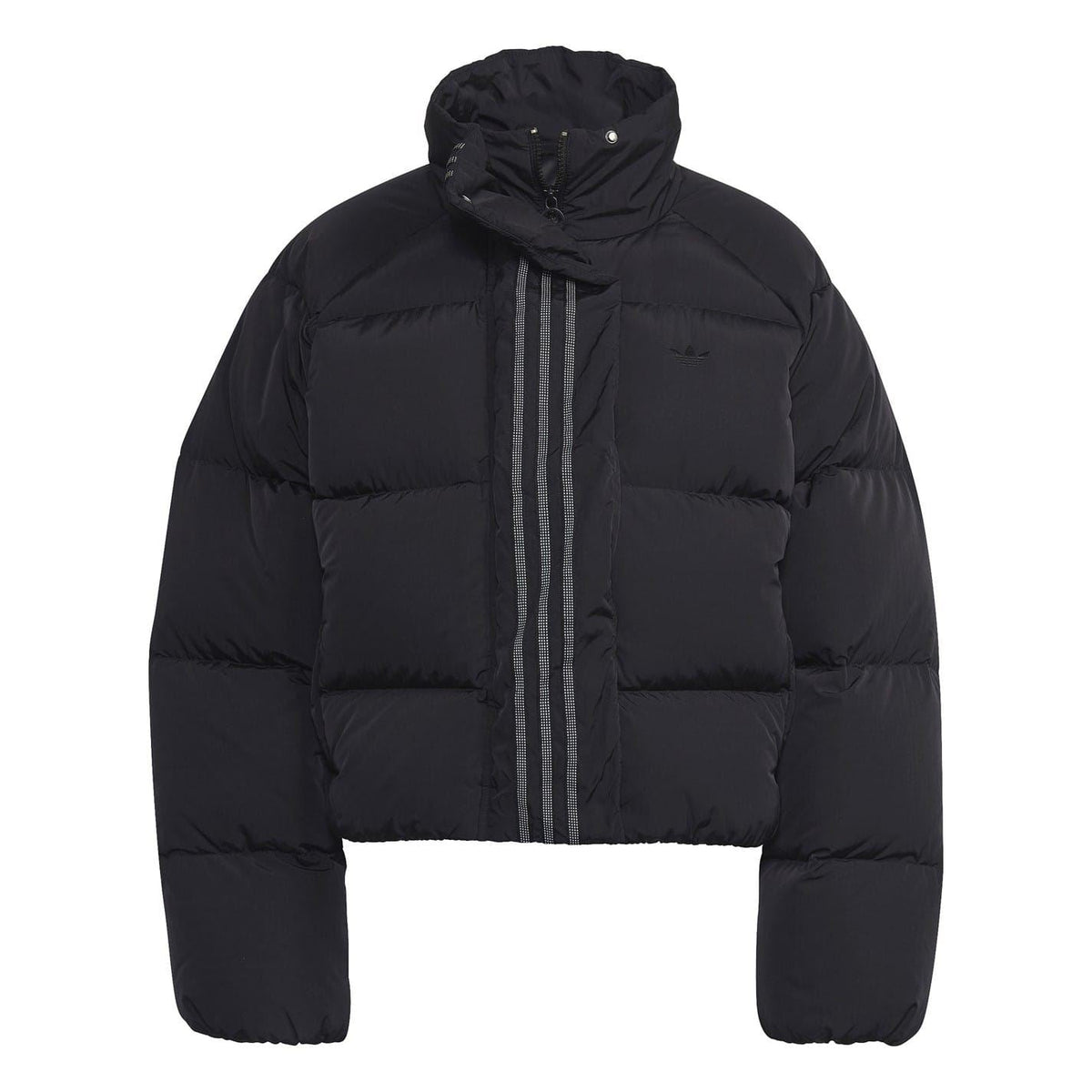 adidas Originals short down jacket with hood, lightweight coat featuring quilted design and zip closure for cold weather.