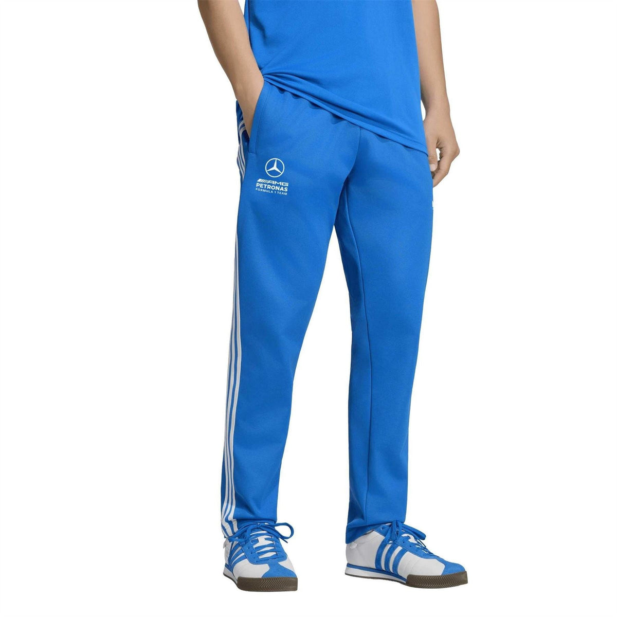 Blue track pants with elastic waist, three white stripes, AMG Petronas emblem