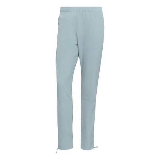 Light blue jogger pants with elastic waist and drawstring, tapered legs, cuffed hems.