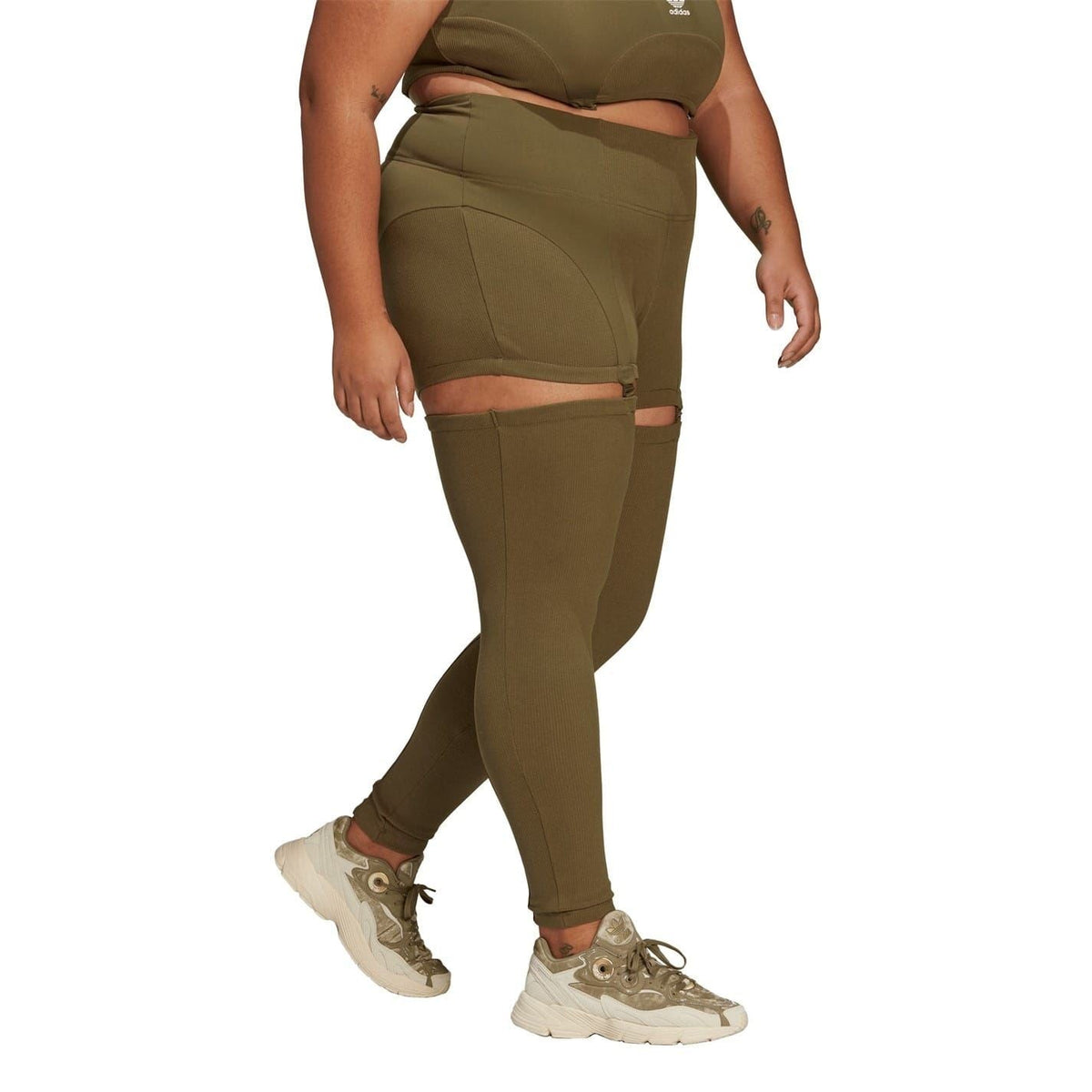 Olive ribbed skinny leggings with layered shorts and side thigh cutouts