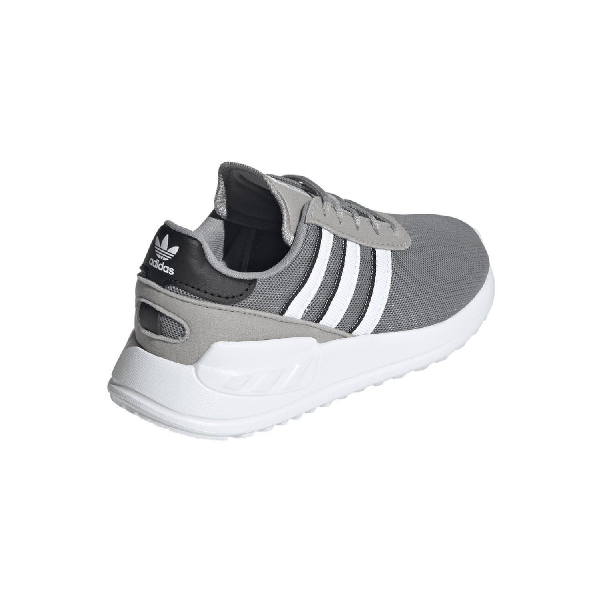 Grey kids trainer from back with black heel trim, white sole, and adidas stripes