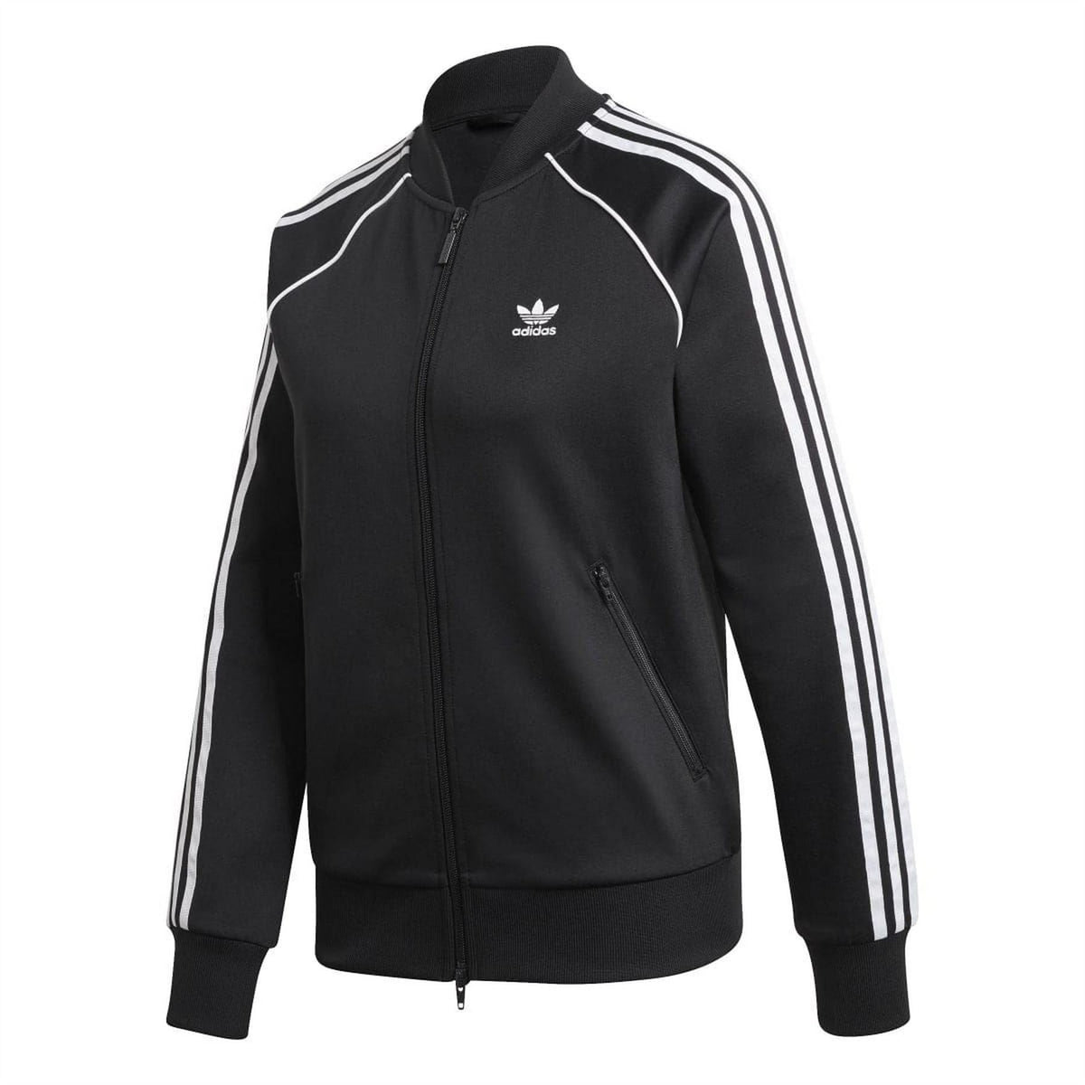 Black track top with full-zip front, white triple stripes, and adidas logo on chest