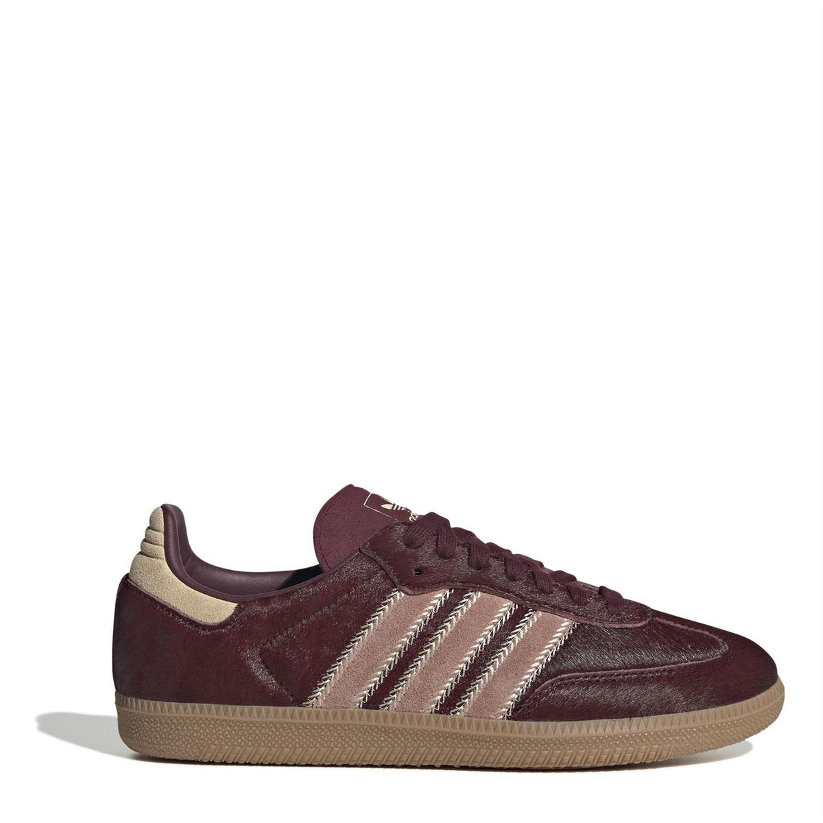Maroon adidas Samba OG low-top sneakers with suede upper, three stripe detailing, gum sole