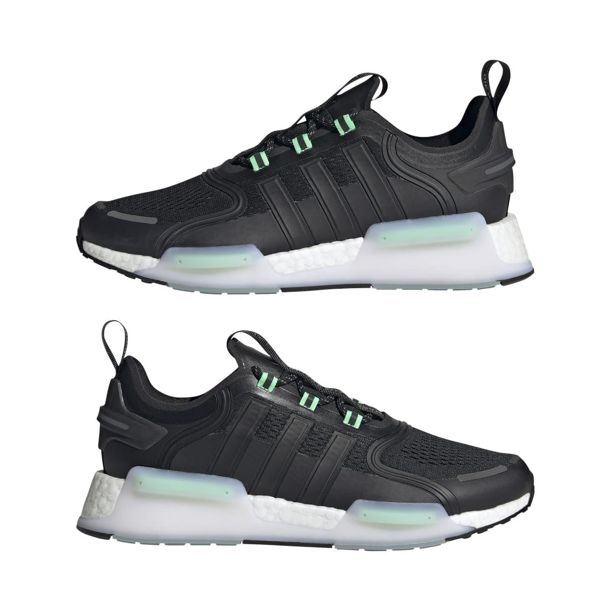 Black NMD_V3 trainers pair view with green accents and white midsole cushioning