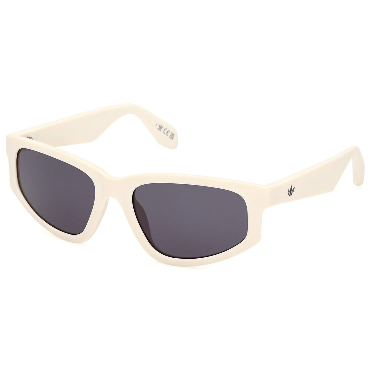 White full-rim sunglasses with dark mirrored lenses and adidas logo on temples