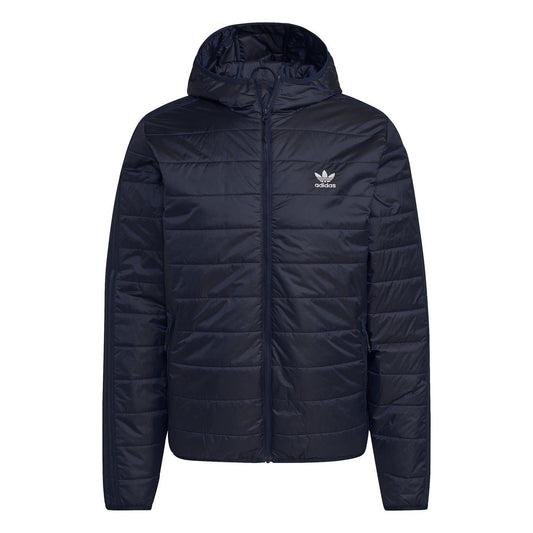 adidas hooded padded jacket in dark navy with full-length zip and logo chest