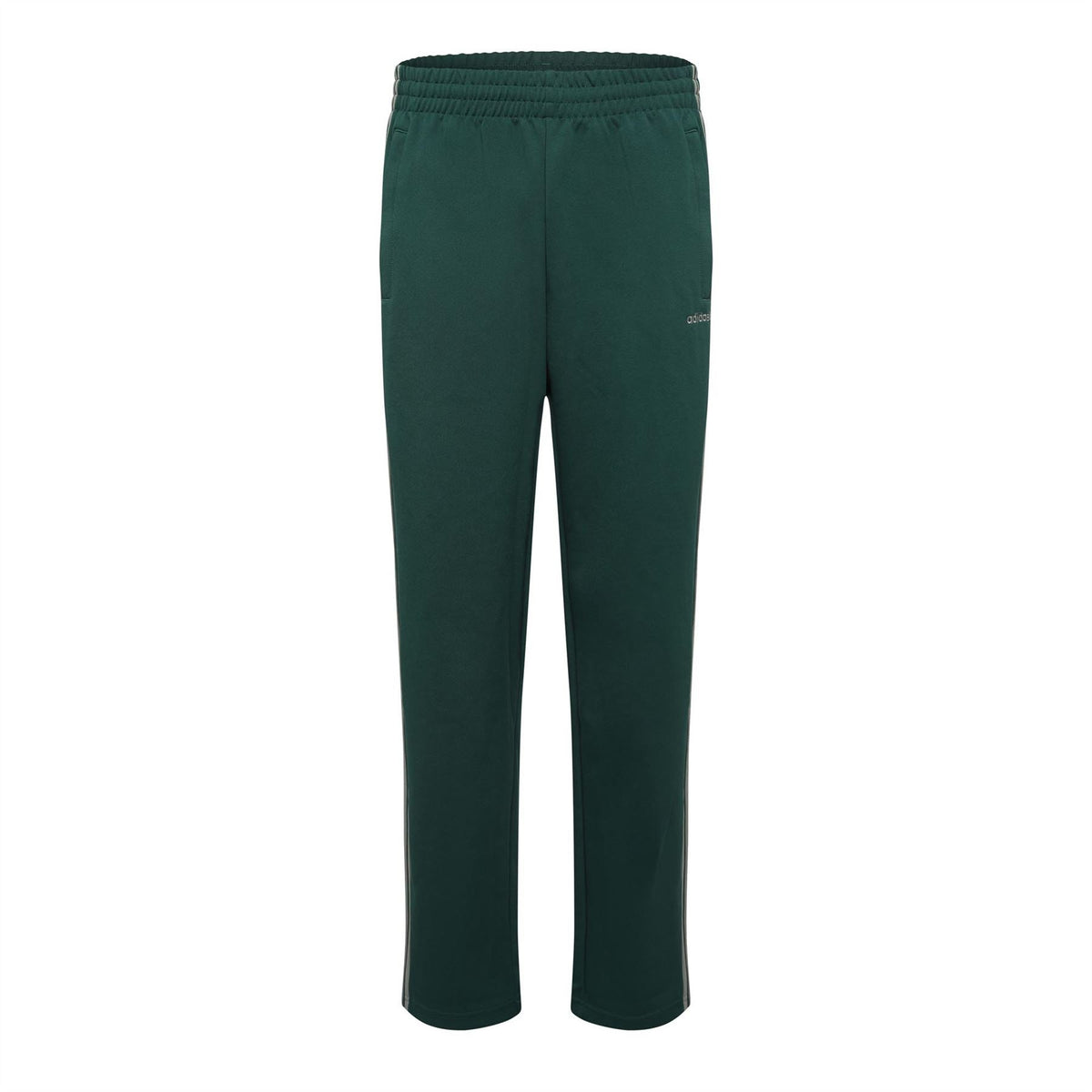 Green track pants with elastic waistband and straight leg cuffs, small thigh logo