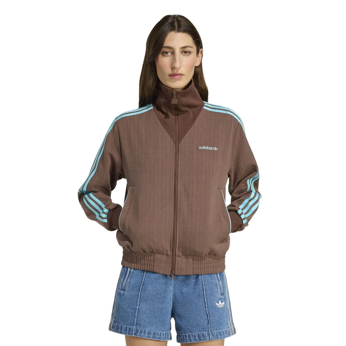 Brown zip-front track jacket with stand collar, ribbed cuffs, and adidas logo on chest