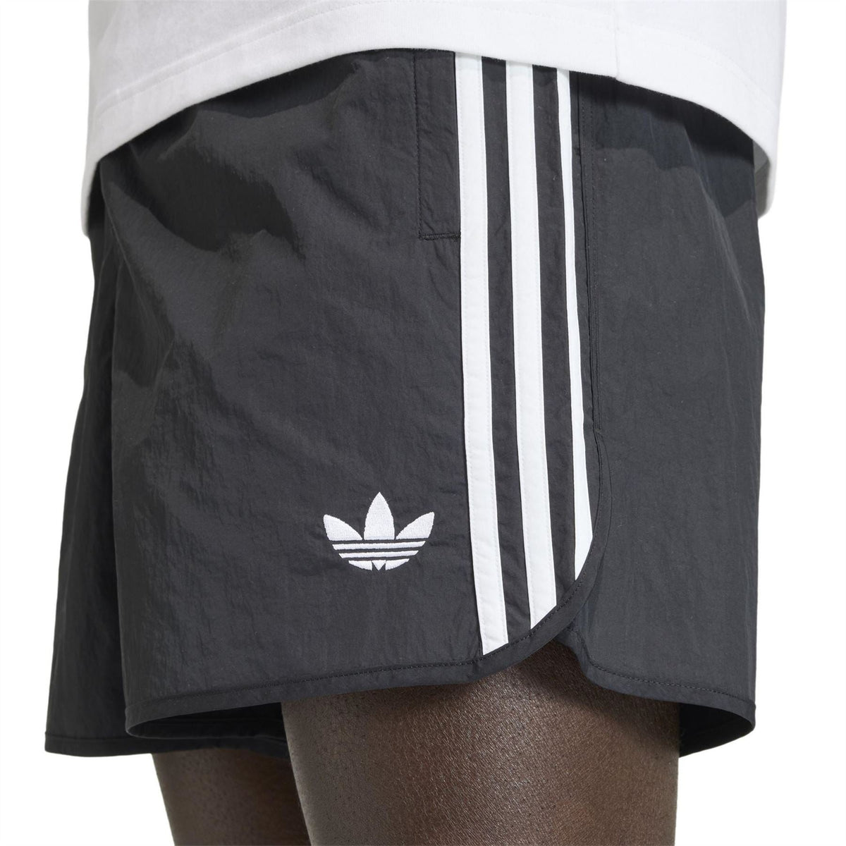 Black adidas Originals shorts with adidas trefoil logo and vertical white side stripe panel