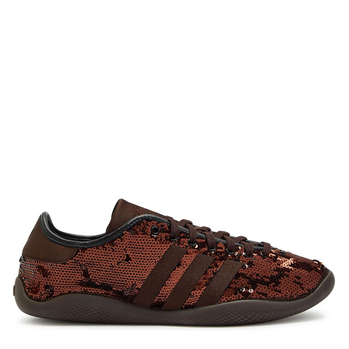 Brown sequin low-top sneakers with three black stripes and lace-up front