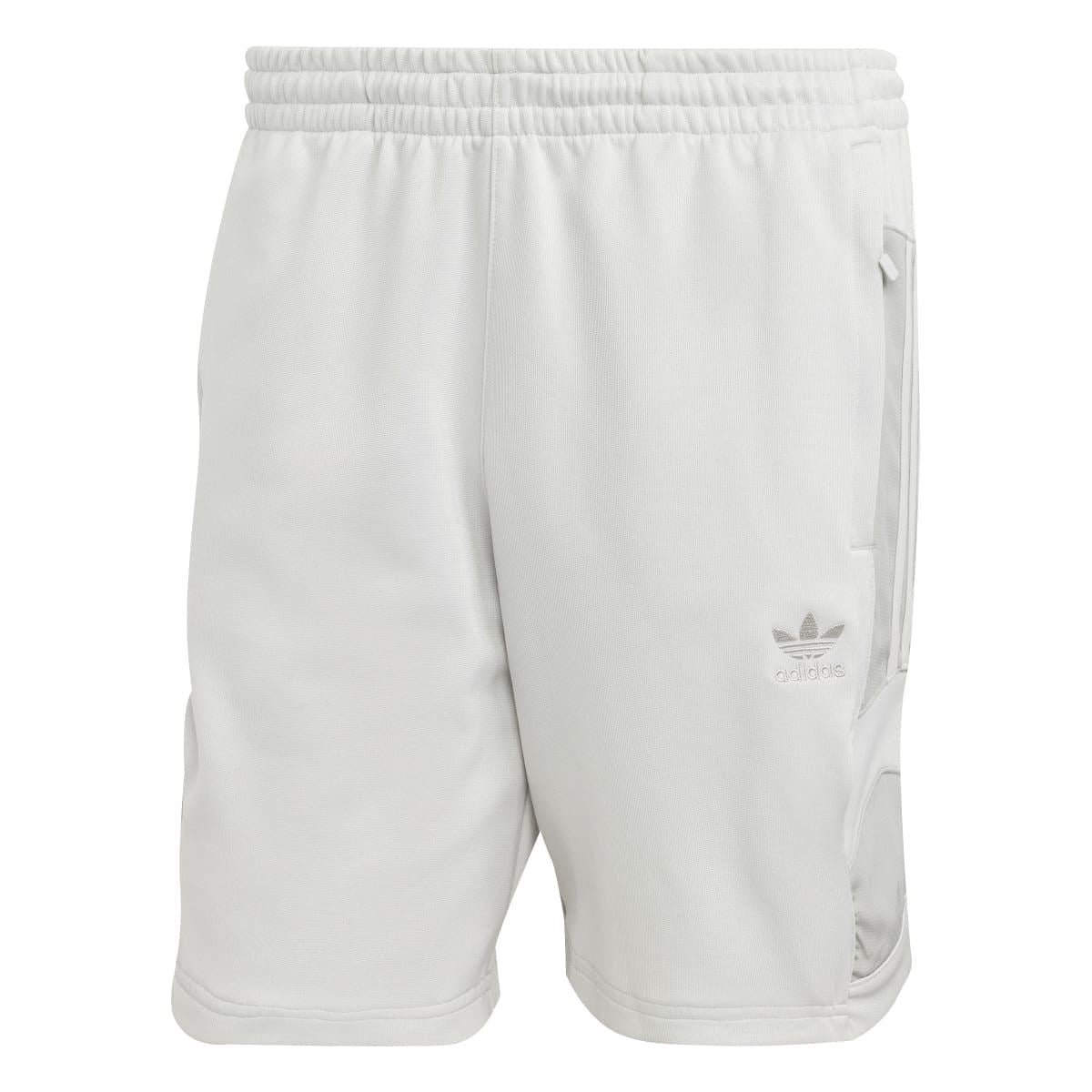 Light grey athletic shorts with elastic waistband and adidas logo on side pocket area