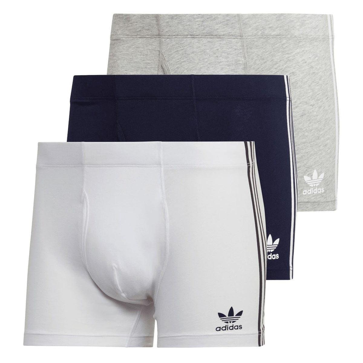 3-pack cotton trunks with adidas 3-Stripes and logo, in white, navy, and light gray