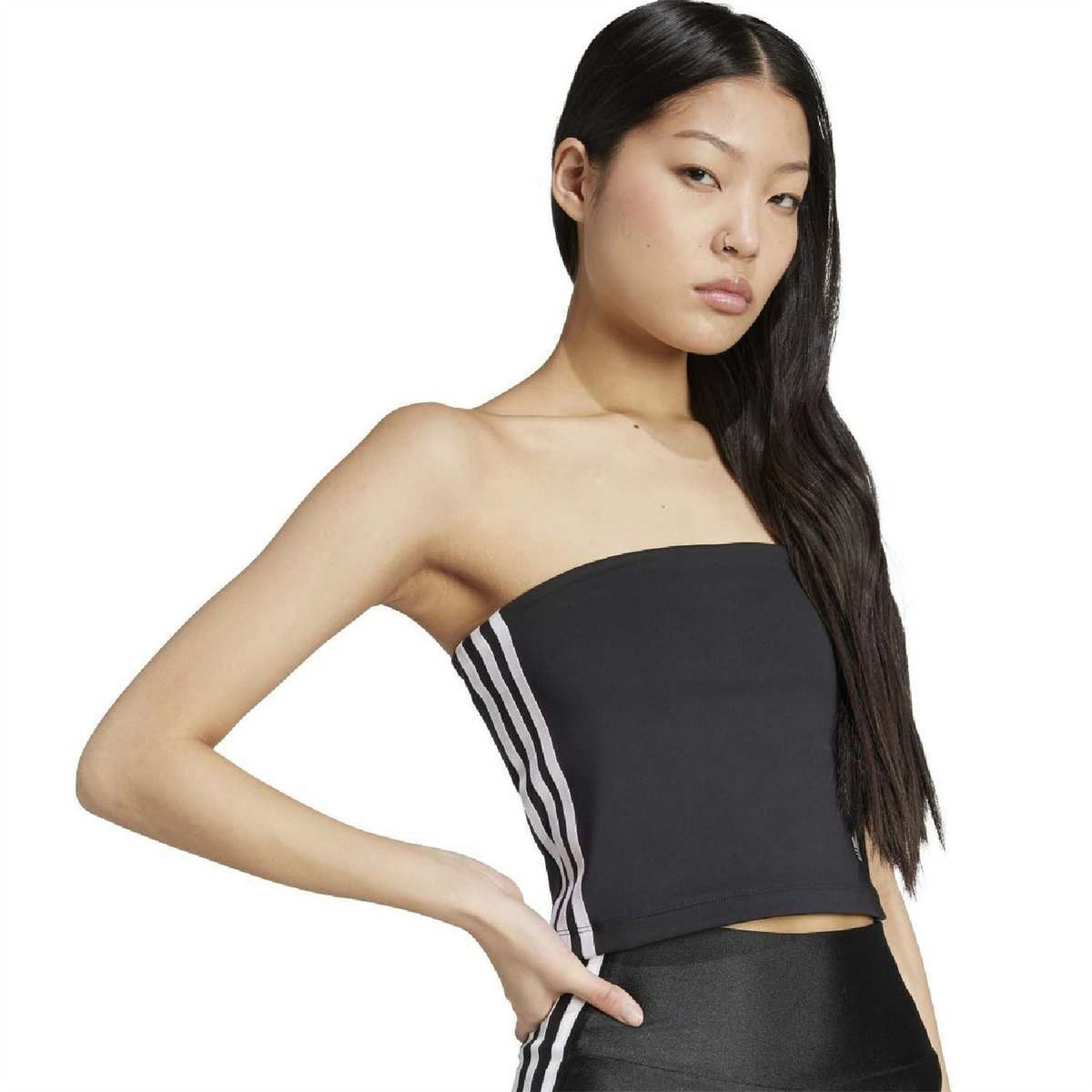 Women’s black strapless tube top with white 3-stripe trim along one side