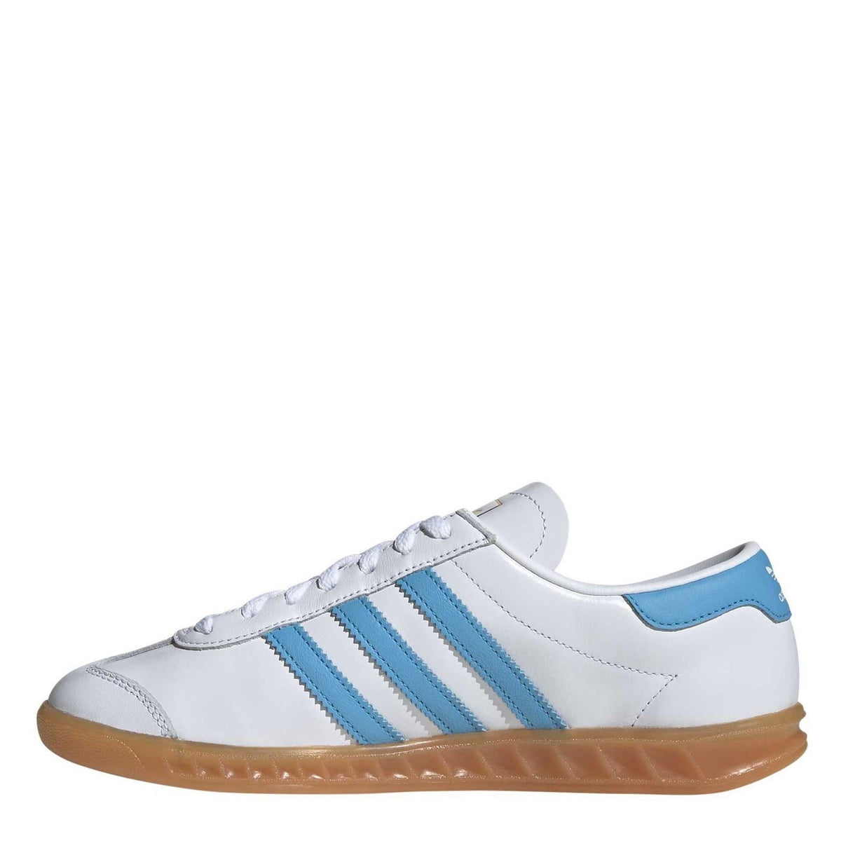 White leather side-view trainers with light blue stripes and gum sole
