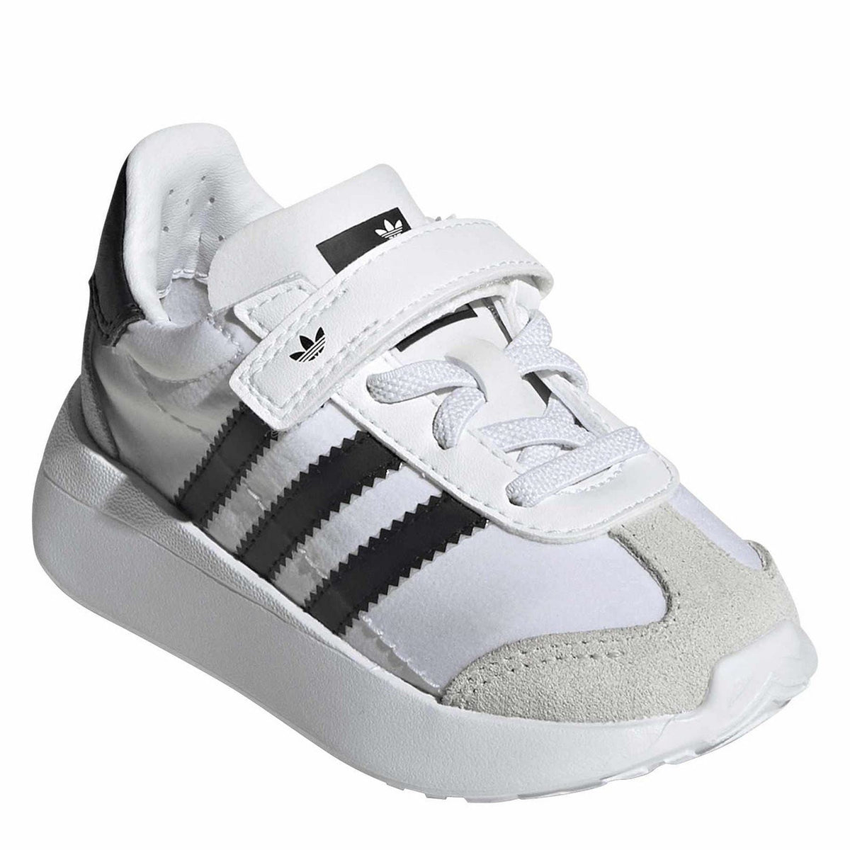 White and grey low-top sneakers with adidas three stripes and lace-up closure