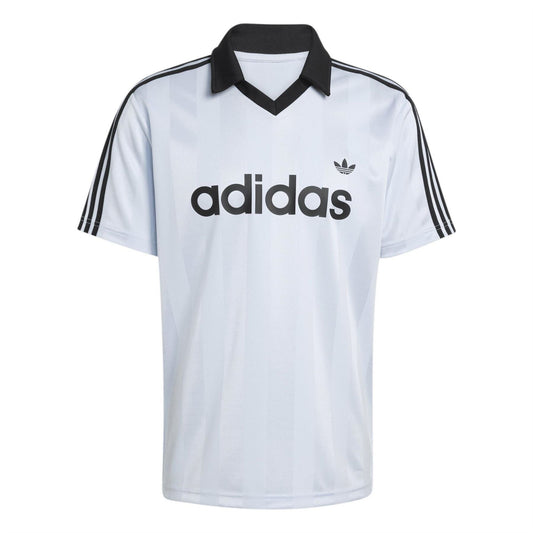 Light blue adidas Originals polo shirt with black engineered collar and three stripe shoulders