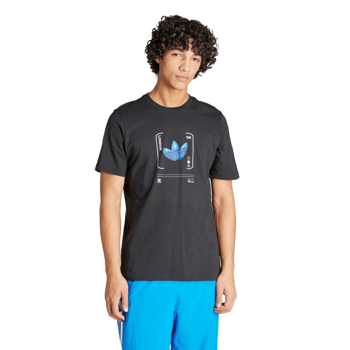 Men's black adidas Originals graphic T-shirt with blue front logo print