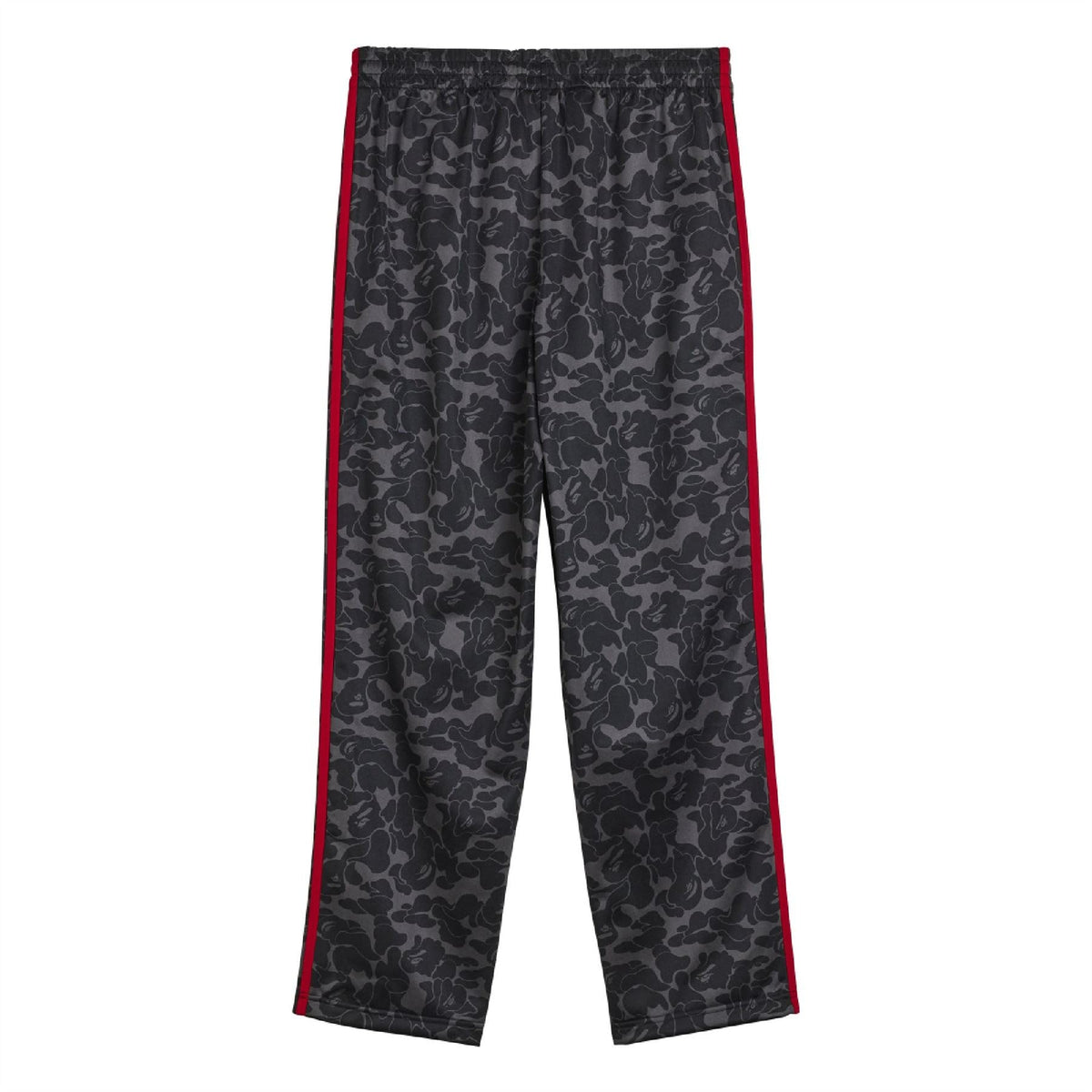 Dark camo trackpants with red trim stripes along the sides and tapered hem.