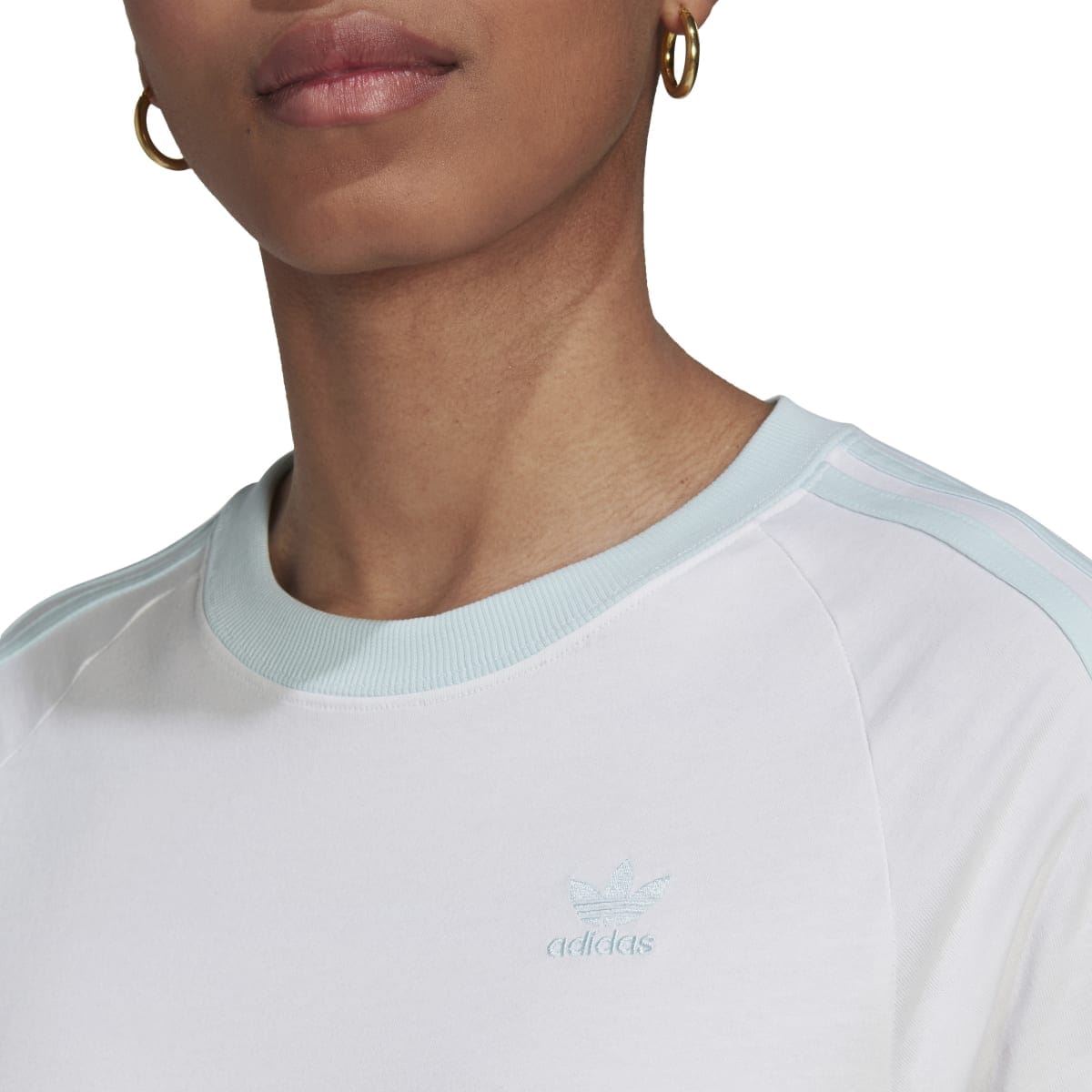 White T-shirt with small adidas Originals chest logo and light blue collar trim