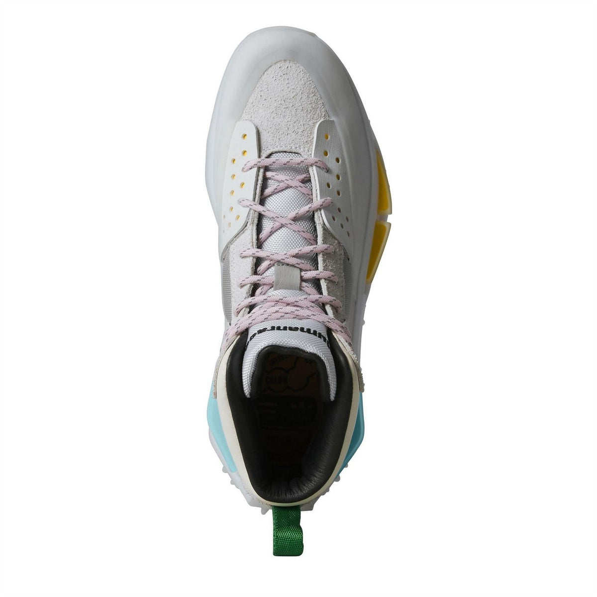 White high-top sneaker top view with pink lace-up, perforations, and green pull tab.