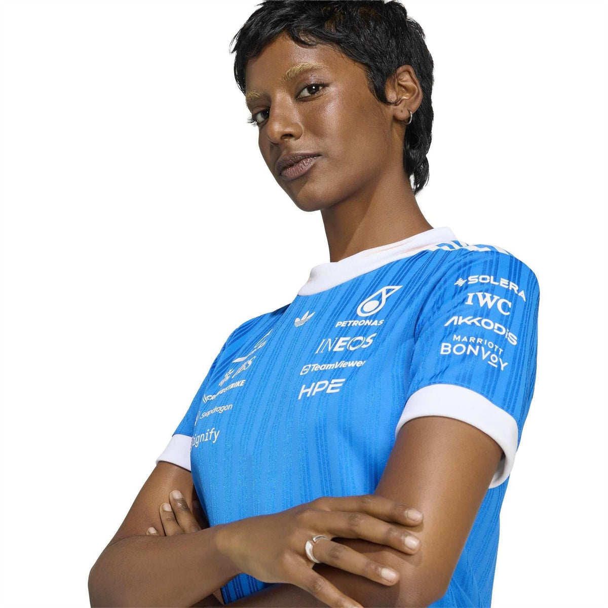 Blue adidas crew neck jersey T-shirt with white sleeve trim and printed sponsor logos