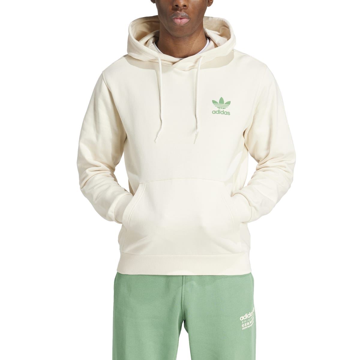 Cream adidas graphic hoodie with front pocket, drawstring hood, and trefoil logo