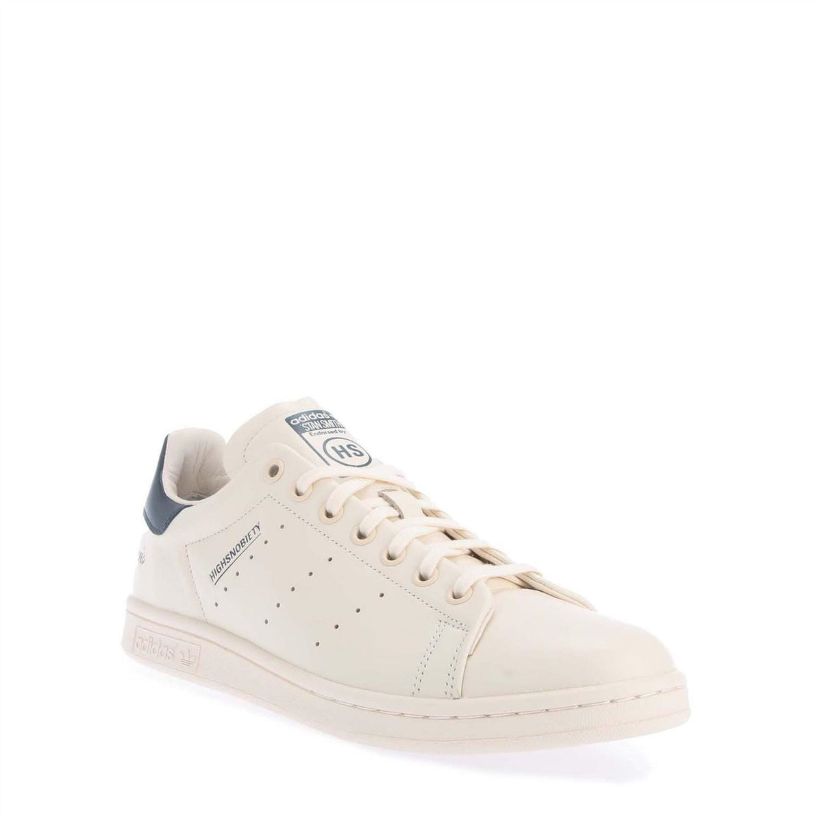 adidas Originals Smith Highsnobiety high-top trainers, white with blue heel and perforations
