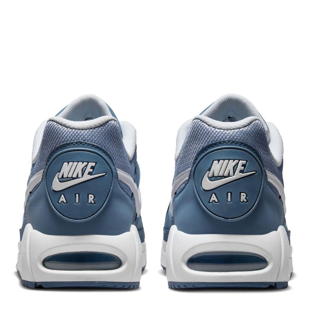 Blue Nike Air Max Ivo trainers, heel view with Nike Air badge and white outsole