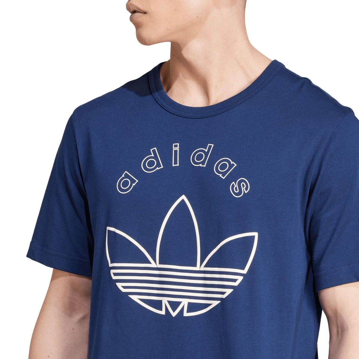 Indigo adidas Originals graphic T-shirt close-up of trefoil front graphic