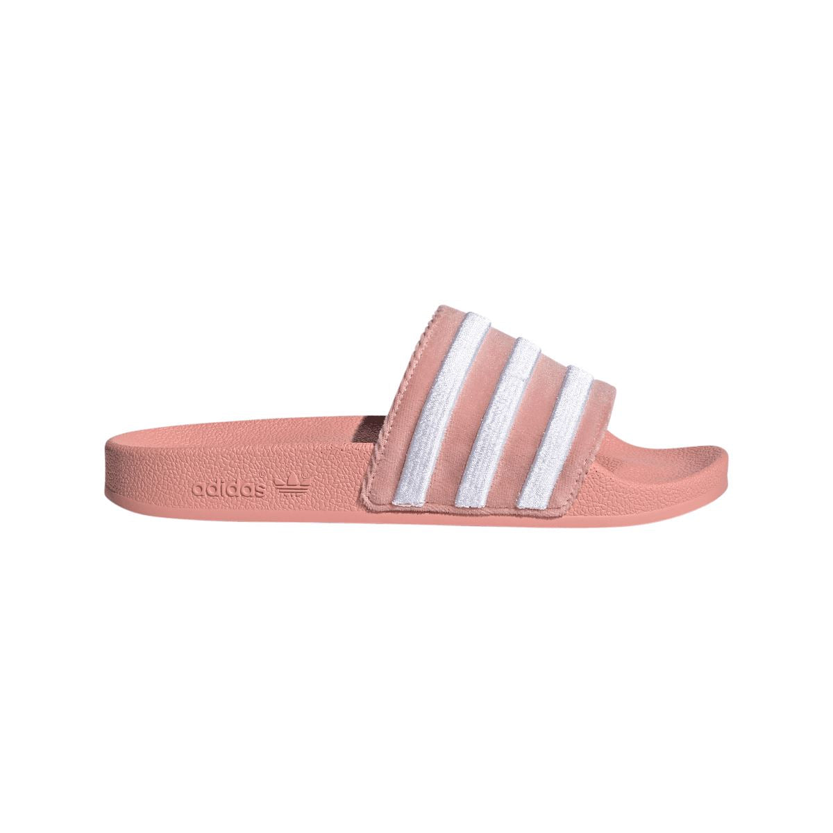adidas Originals Adilette slide sandals in mauve, white three-stripe band, side view
