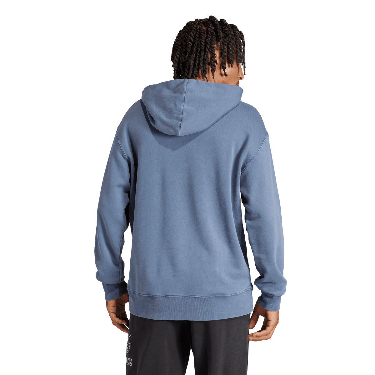 Blue pullover hoodie from back view with attached hood and ribbed cuffs and hem