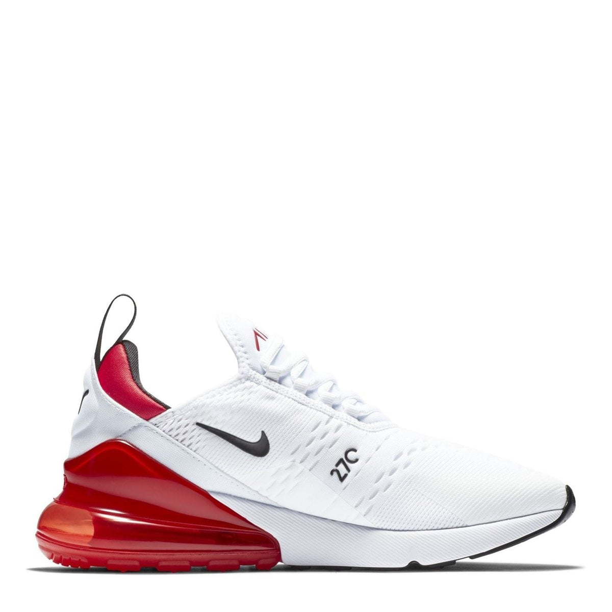 Nike Air Max 270 trainer in white with red Swoosh and red Air unit