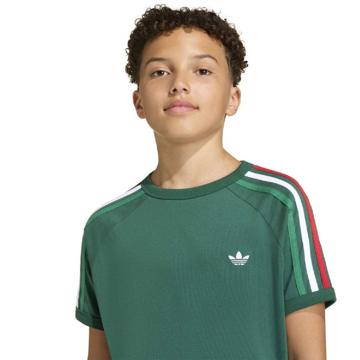 Kids dark green adidas Originals T-shirt front close-up with trefoil logo and shoulder stripes