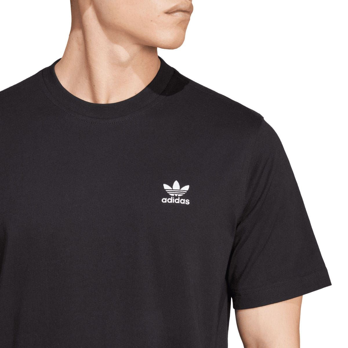 Black adidas T-shirt close-up of crew neck and Trefoil chest logo