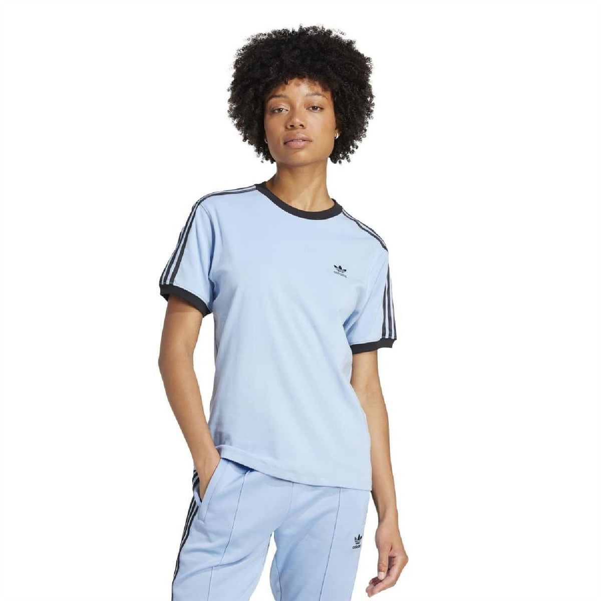 ash blue crew neck adidas jersey T-shirt on model with black 3-stripe sleeve trim