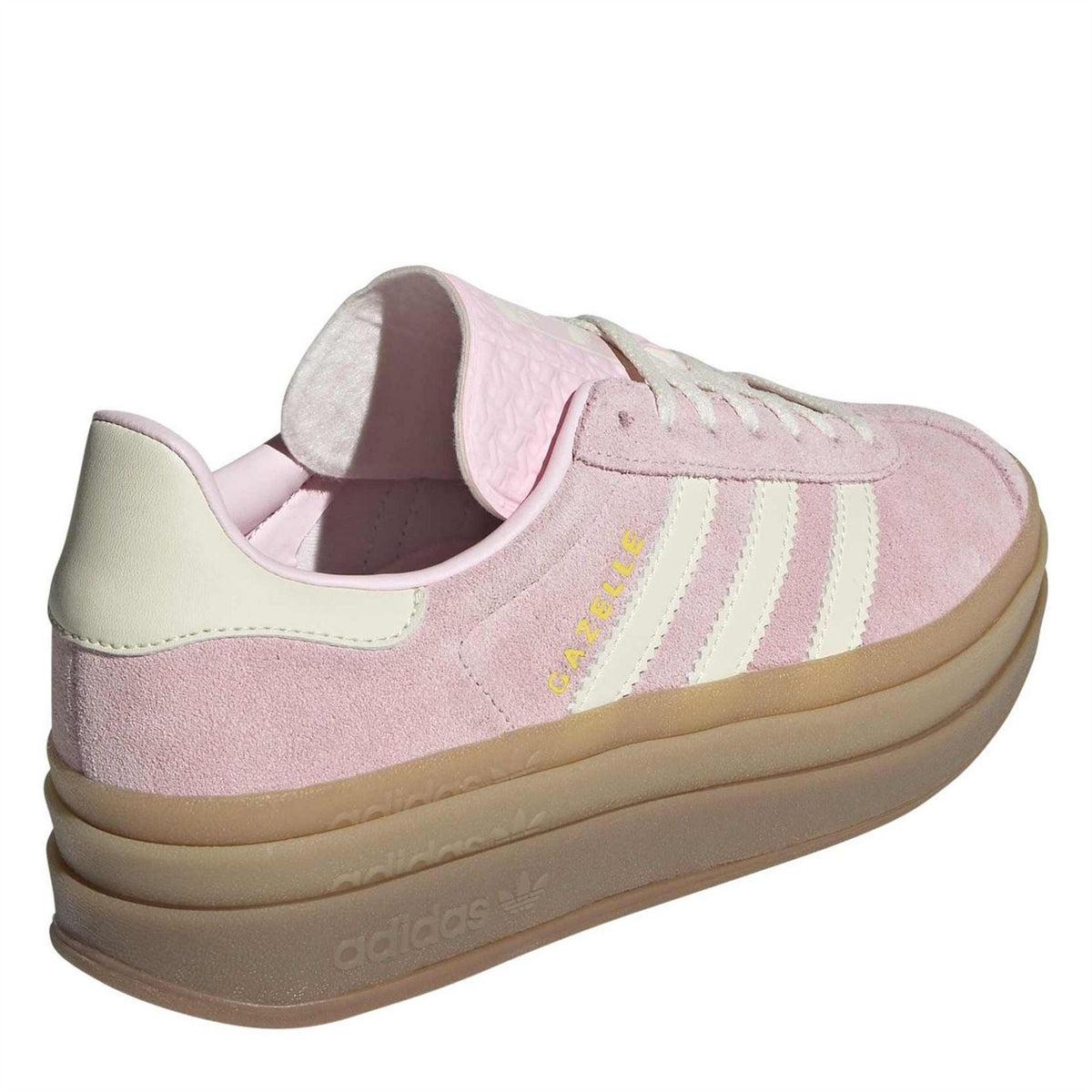 Pink suede adidas Gazelle Bold trainers showing heel, quilted collar and lace-up