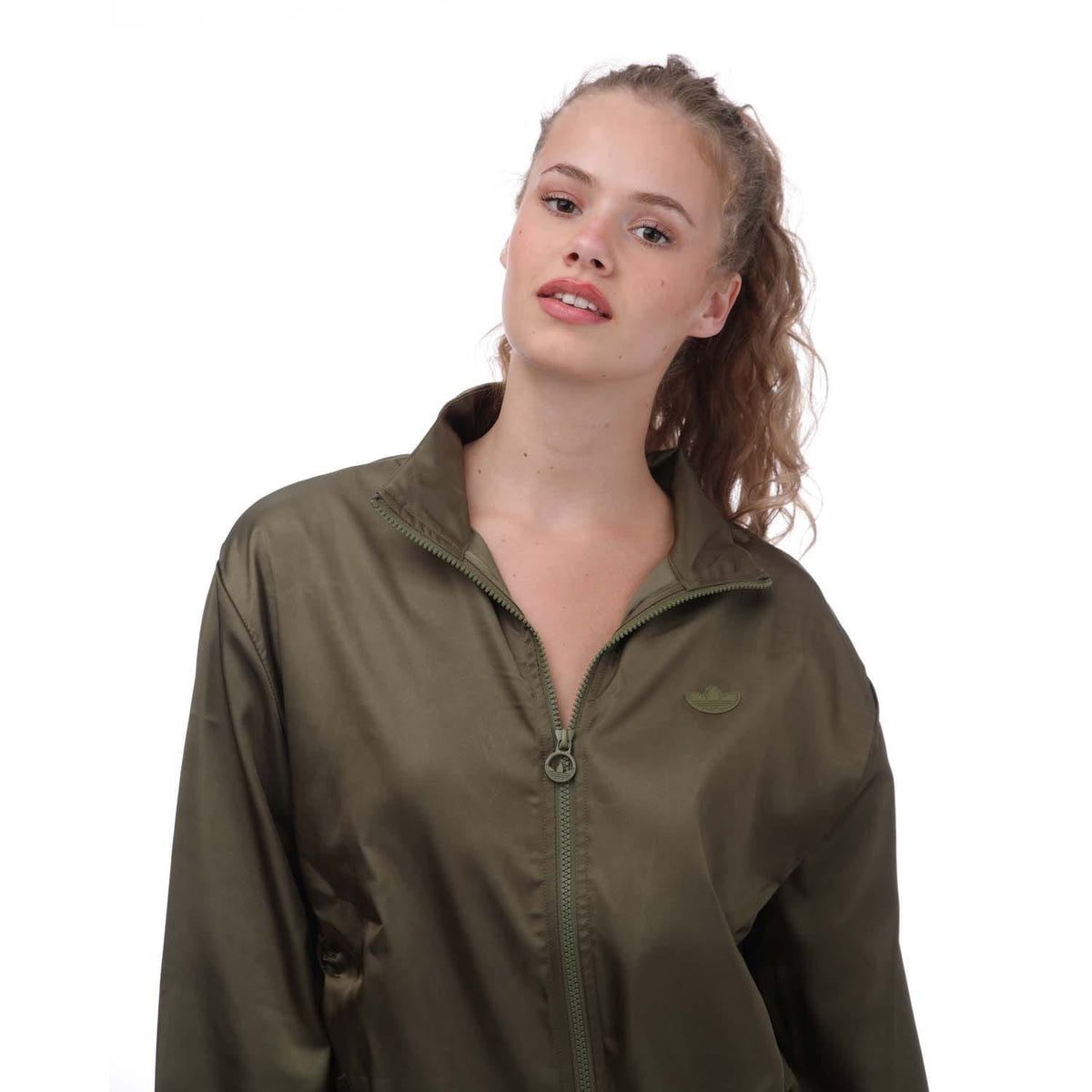adidas Originals olive satin track top front view with zip closure and logo