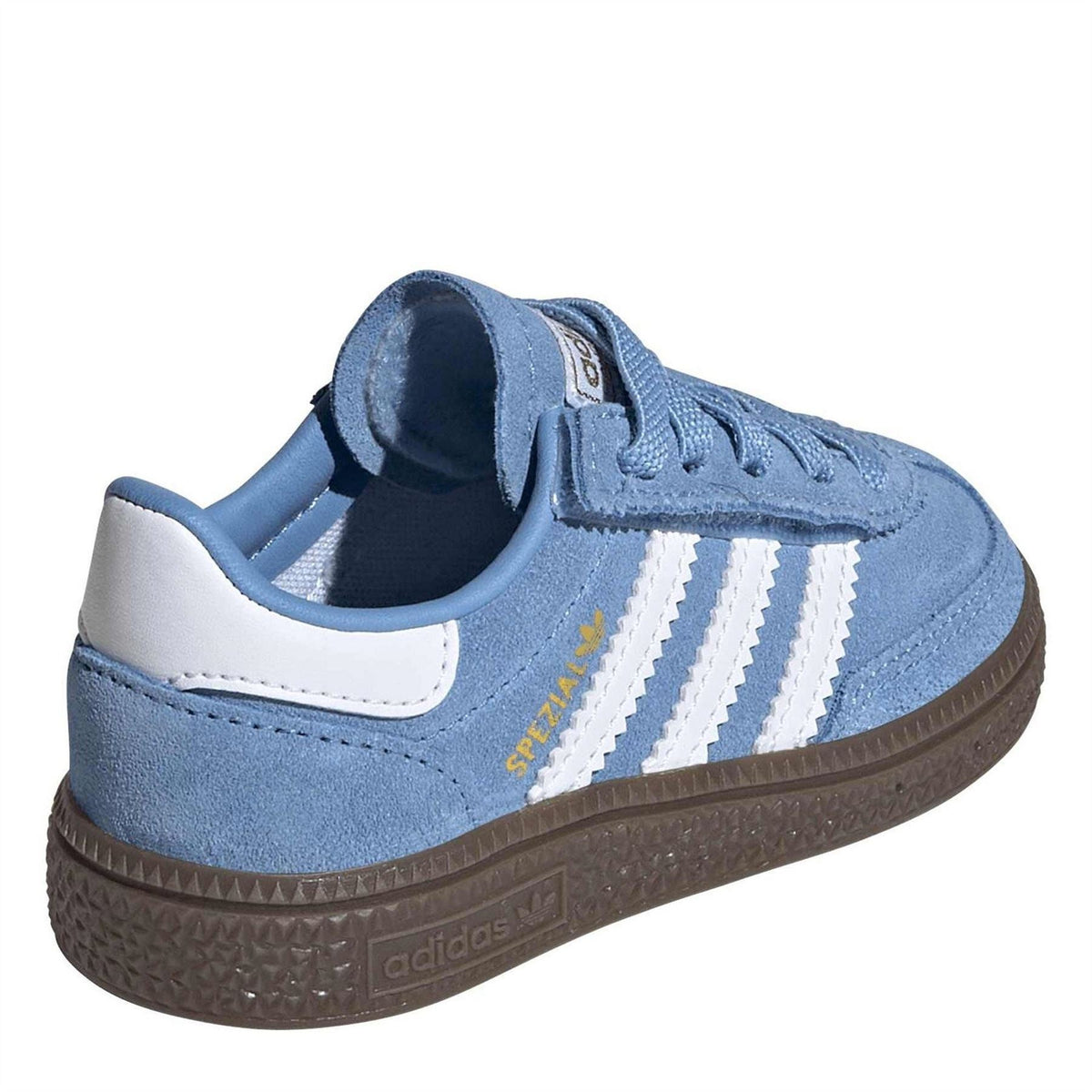 Light blue adidas sneakers with white heel panel, stripe detail, brown gum sole